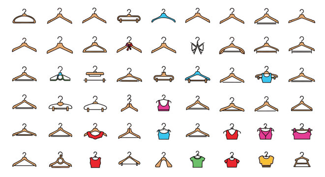 Large and diverse collection of clothes hanger icons including wooden, metal, and padded types, some holding tops or sports bras.