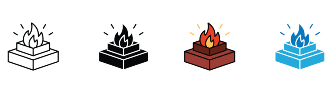 Hindu havan kund icon set, holy fire altar icon, vedic yajna pooja rituals icon, indian traditional ceremony symbol vector illustration