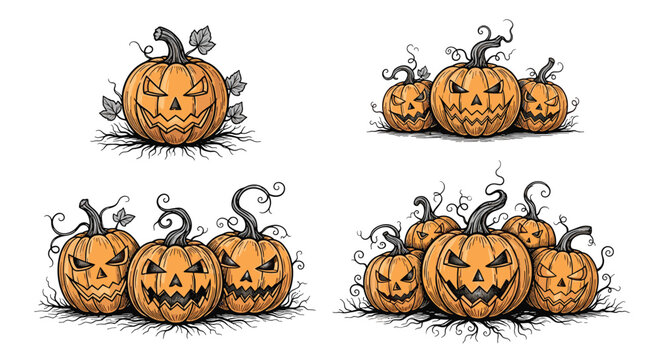 Collection of carved Halloween jack-o-lantern pumpkins shows various spooky and smiling faces for a scary theme.