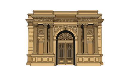 Obraz premium Detailed classical architecture drawing depicts the ornate entrance of a historical building with large columns.