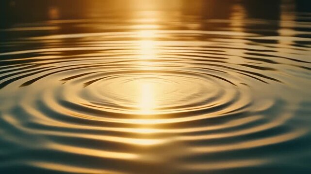 暖かなサンセットの光が水面に反射して眩しく輝く夕暮れ、中央から静かに広がる同心円状の水紋が美しいスローモーション映像