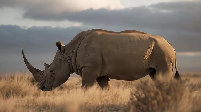White rhinoceros walking through dry African savanna grassland at sunset, with dramatic clouds and warm golden light in a wild natural habitat