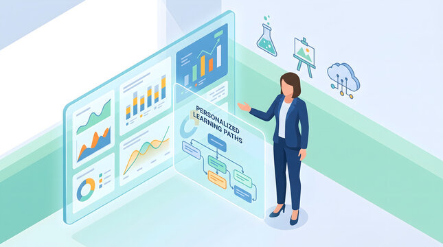 Isometric 3D illustration of a businesswoman presenting personalized learning paths and data analytics.