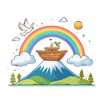 Noah's Ark on Mountain with Rainbow and Dove