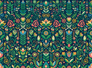 Fototapeta premium Scandinavian Folk Art Floral Seamless Pattern, Traditional Nordic Botanical Ornament on Dark Background