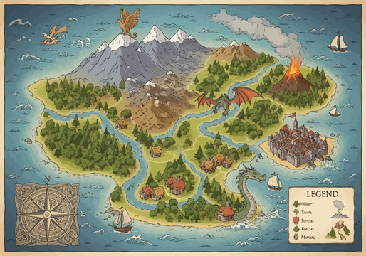 Hand-Drawn Vintage Fantasy Map Illustration with Dragons, Mountains, and a Compass Rose for Adventure World Building