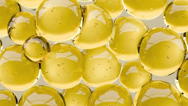 Golden oil bubbles in close up, creating a luxurious liquid texture. Skincare and cooking concept with vitamin C, omega-3, essential oils, nutrient-rich droplets, fuel energy fluid.