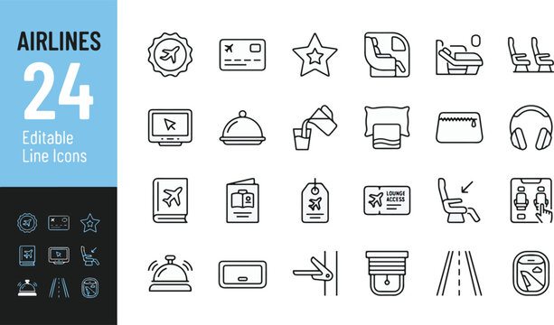 Airlines travel line icon set. Airplane seat, business class, inflight entertainment, food menu, lounge access, runway, plane window minimal vector illustration. Simple outline signs for flight. 24 ic