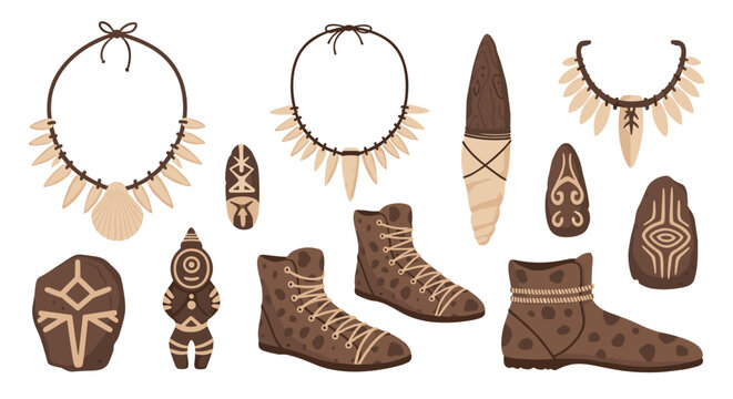 Ancient primitive tools and tribal fashion items including shell necklaces, animal print boots, and carved ritual stones in a collection.