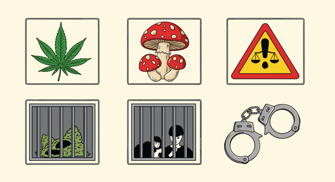 Set of icons illustrating drug related crimes including cannabis leaves, mushrooms, prison bars, handcuffs, and warning signs on tiles.