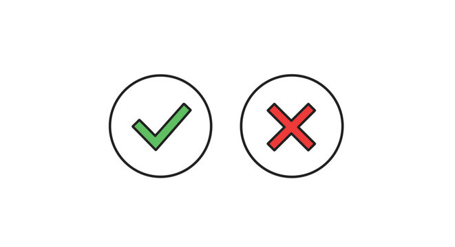 Green check mark and red cross icons inside circles used for indicating correct and incorrect answers or yes and no options.