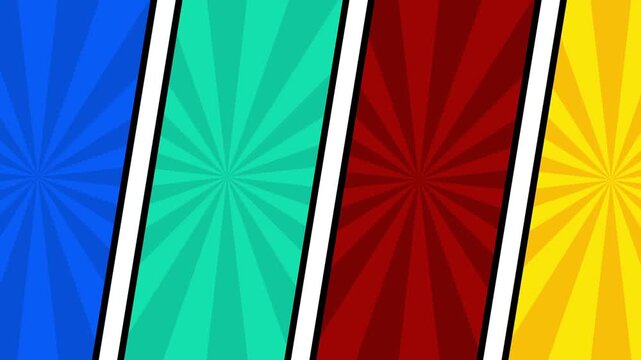 A comic-style striped diagonal panel background in blue teal and dark red with white separation lines for battle scenes