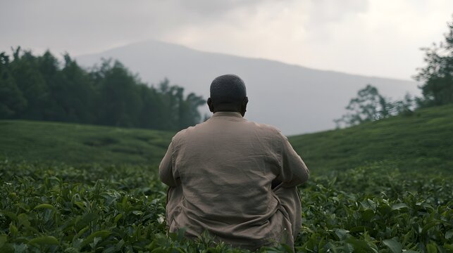 Serene rural moment a contemplative man finds peace amidst rolling green tea hills landscape photography