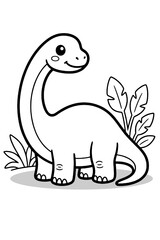 Black and white line art cute cartoon brachiosaurus dinosaur coloring page for kids © epit