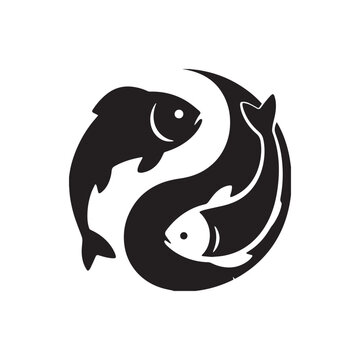 Yin Yang Pisces Fish Symbol Black And White Circular Vector Illustration.
