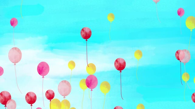 水彩風　いっぱいの赤系のカラフルなバルーンが下から上へ[背景水色]Happy Series:Watercolor-style image of many colorful red balloons floating from bottom to top [light blue background]