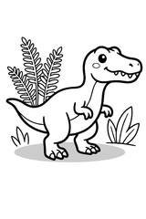 Naklejka premium Black and white outline cute cartoon dinosaur with fern leaves coloring page for kids
