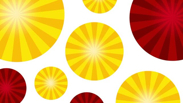 A playful comic-style pattern with multiple yellow and red sunburst circles arranged randomly on a white background