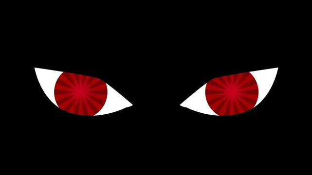 A dark black background with two glowing red menacing eyes and sharp white reflections creating an intense villain character look