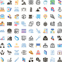 Fototapeta premium Diverse collection of line and glyph icons representing various concepts including business, technology, nature, medical, logistics, and finance themes, arranged on a white background
