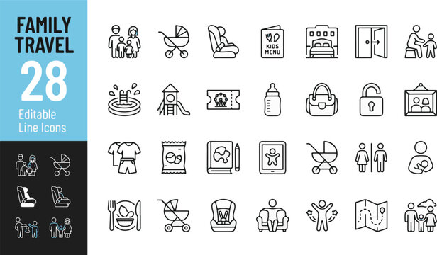 Family travel line icon set. Baby stroller, car seat, kids menu, hotel room, playground, amusement ticket, feeding bottle, breastfeeding, snacks, map minimal vector illustration. Simple outline signs.