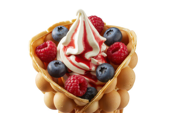 A delicious bubble waffle cone filled with creamy vanilla soft serve ice cream, topped with fresh blueberries and raspberries, on black background