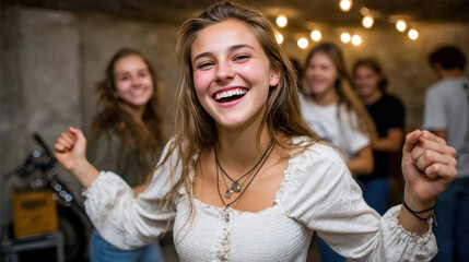 Fototapeta premium Teen girl smiling and dancing in a garage with friends in the background for party background and youth event poster design