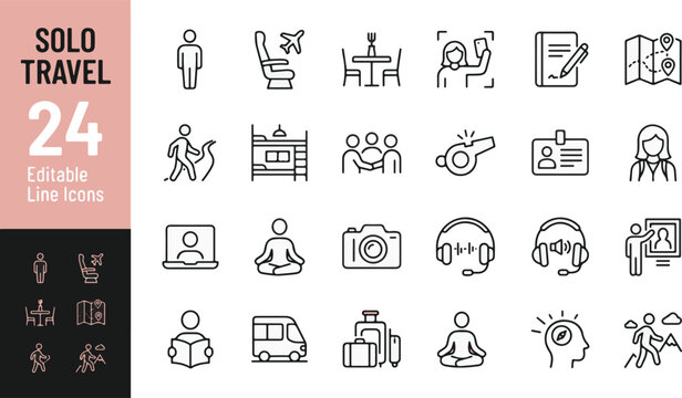 Solo travel line icon set. Adventure, hiking, hostel bunk bed, airplane seat, map route, selfie, meditation, tour guide, luggage suitcase minimal vector illustration. Simple outline signs. Editable St