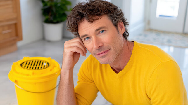 Home floor drain plumbing problem with yellow bucket and lid for cleaning and maintenance banner or emergency service use