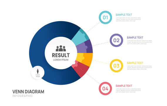 Infographic Venn diagram chart template for business 4 circle label options, presentation with venn diagram elements vector illustration.