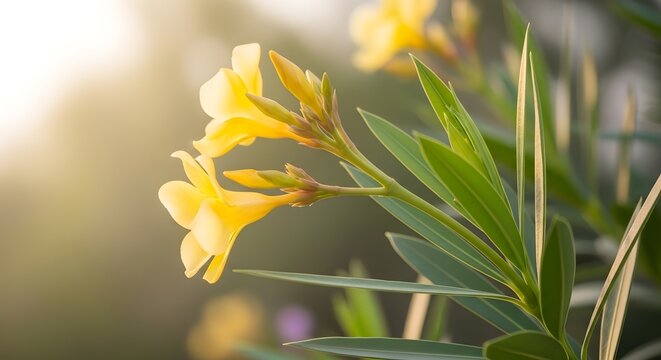 Beautiful yellow oleander flowers blooming in the garden with soft sunlight in the background, closeup view
