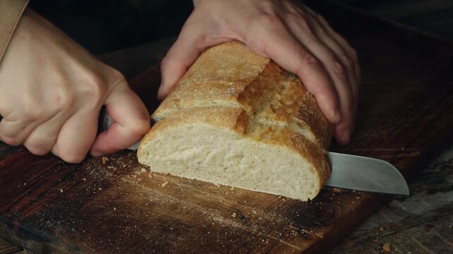 Hands slicing freshly baked loaf of ciabatta bread on wooden cutting board