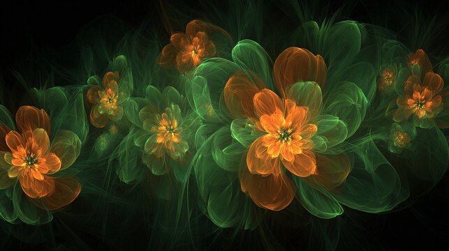 Abstract fractal floral patterns blooming in vibrant orange and green hues, showcasing organic digital art