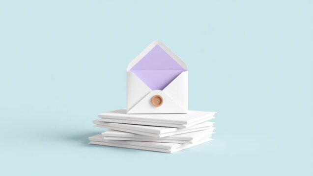 Open white envelope with light purple interior holding blank paper stack on plain background
