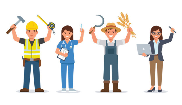 Four people in different professions with arms raised
