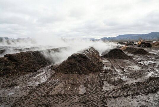 Industrial compost windrows with steam rising from decomposing organics