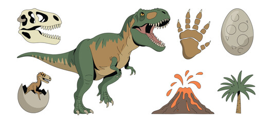 Prehistoric dinosaur icon set with T Rex, fossils, erupting volcanoes, dinosaur eggs, and ancient Jurassic world symbols © MstMaya