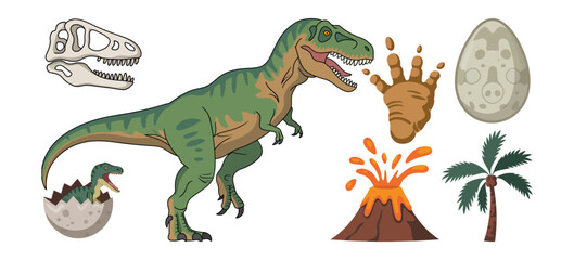 Dinosaur and prehistoric vector collection featuring Tyrannosaurus Rex, fossils, volcano, dinosaur egg, and Jurassic era educational elements © MstMaya
