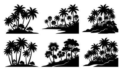 Tropical island palm tree silhouette collection with coastal landscape vector graphics © Wahida