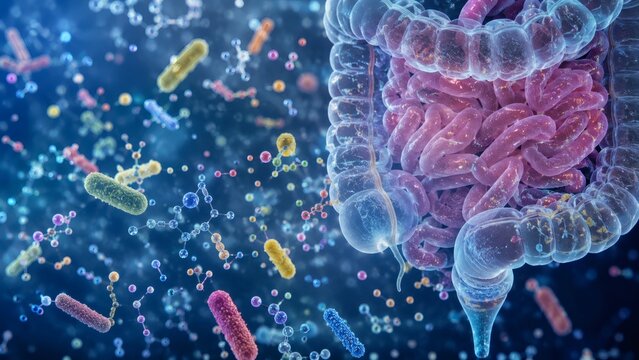 Digestive Health Microbiome Visualization with Glowing Gut Bacteria Ecosystem, Nutrient Pathways and Molecular Science Background for Healthcare, Nutrition and Probiotic Research