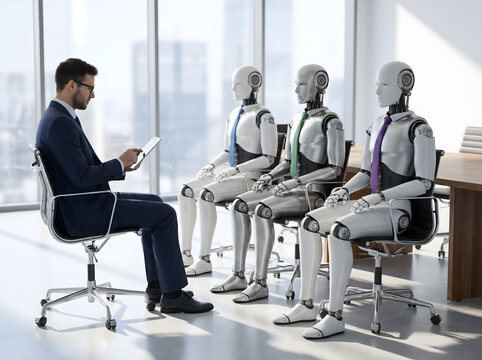 Businessman with a tablet interviewing a team of humanoid robots in a modern office, Future of work concept showing a human manager leading AI robots wearing ties.