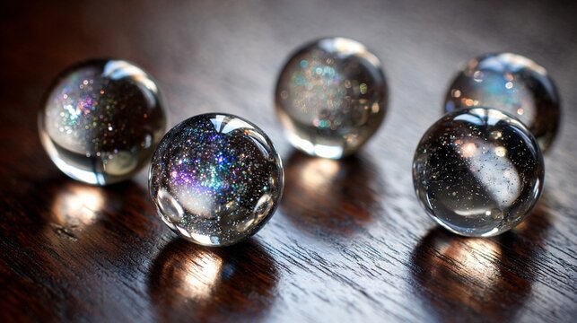 Close-up of shimmering glass marbles filled with cosmic glitter reflecting light on a wooden surface