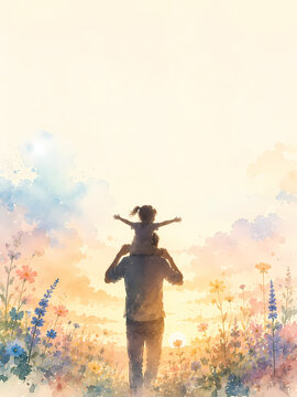 happy father with little daughter walk in a park back view, illustration with dad and his small daughter for father's day with space for greeting text , happy fathers day card with copy space