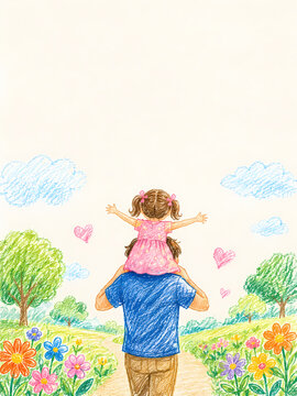 happy father with little daughter walk in a park back view, illustration with dad and his small daughter for father's day with space for greeting text , happy fathers day card with copy space