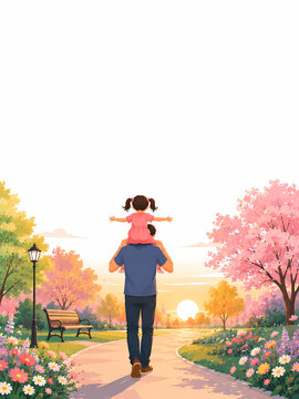 happy father with little daughter walk in a park back view, illustration with dad and his small daughter for father's day with space for greeting text , happy fathers day card with copy space