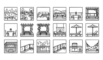 Naklejka premium Penthouse Balcony Icons Vertical Rooftop Terrace Vector Set