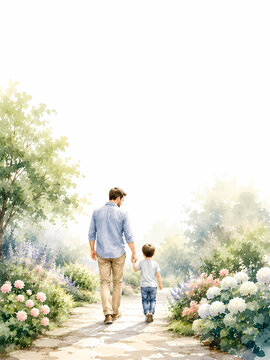 happy father with little daughter walk in a park back view, illustration with dad and his small daughter for father's day with space for greeting text , happy fathers day card with copy space