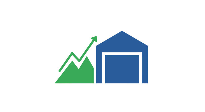 A Logo Or Icon Of A House With A Blue Roof And A Green Arrow Pointing