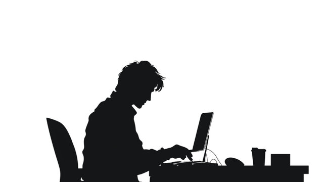 Businessman sits at a desk while typing on a laptop computer in this high contrast black silhouette.