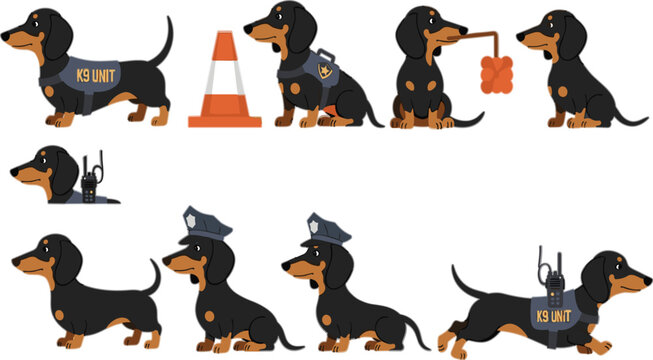 Cute K9 Police Dachshund Dog Character Set with Security Officer Outfits Walkie Talkie Traffic Cone and Police Hat Vector Illustrations